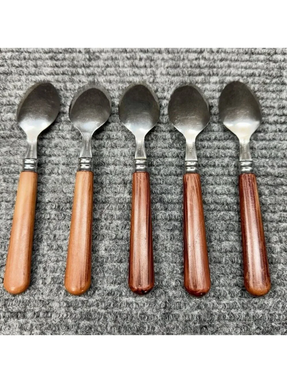Faberware Silverware Lot Of 5 Spoons Teaspoon Faux Wood Brown Handle Vintage